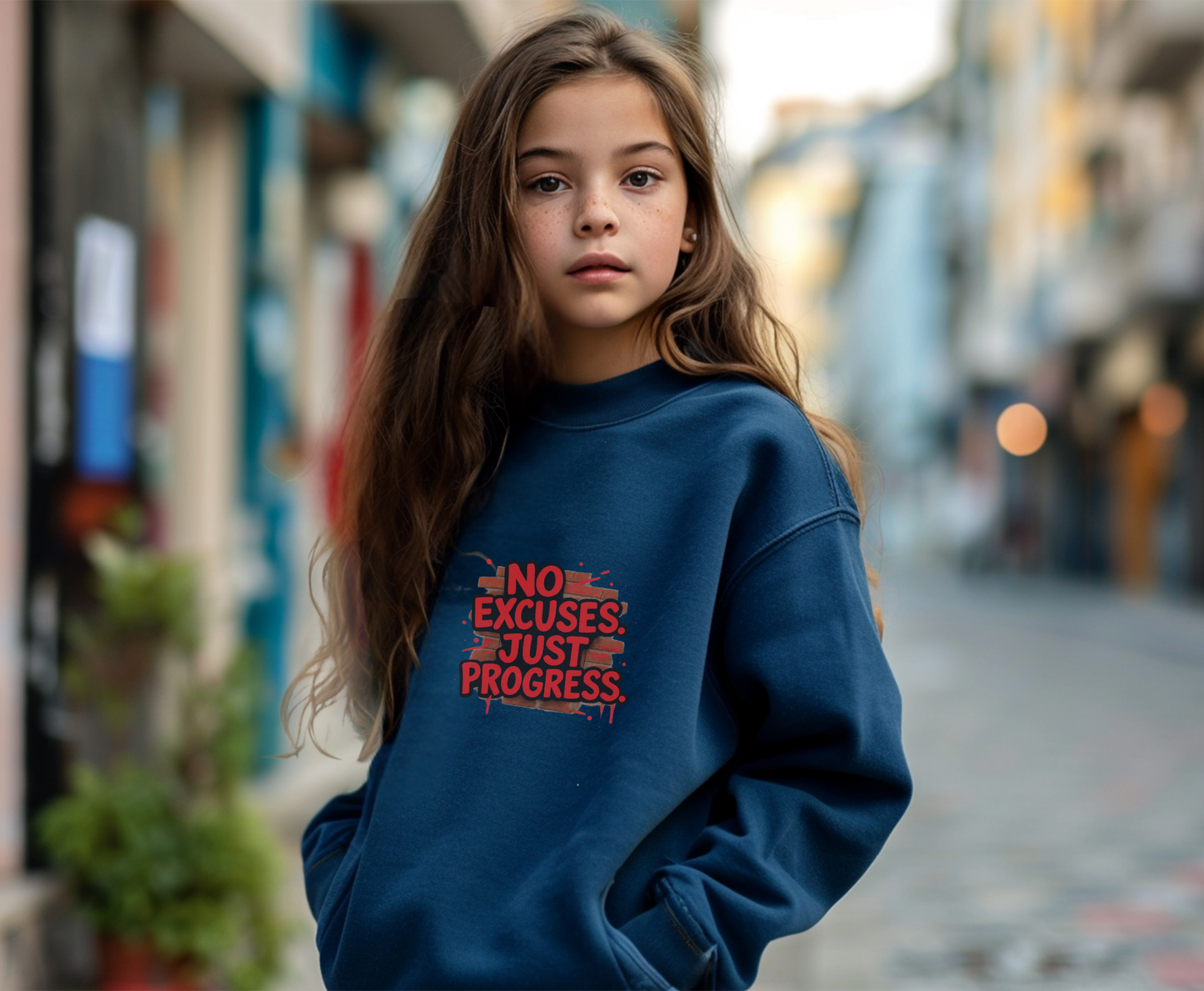 Motivational Crewneck Sweatshirt with 'No Excuses Just Progress'