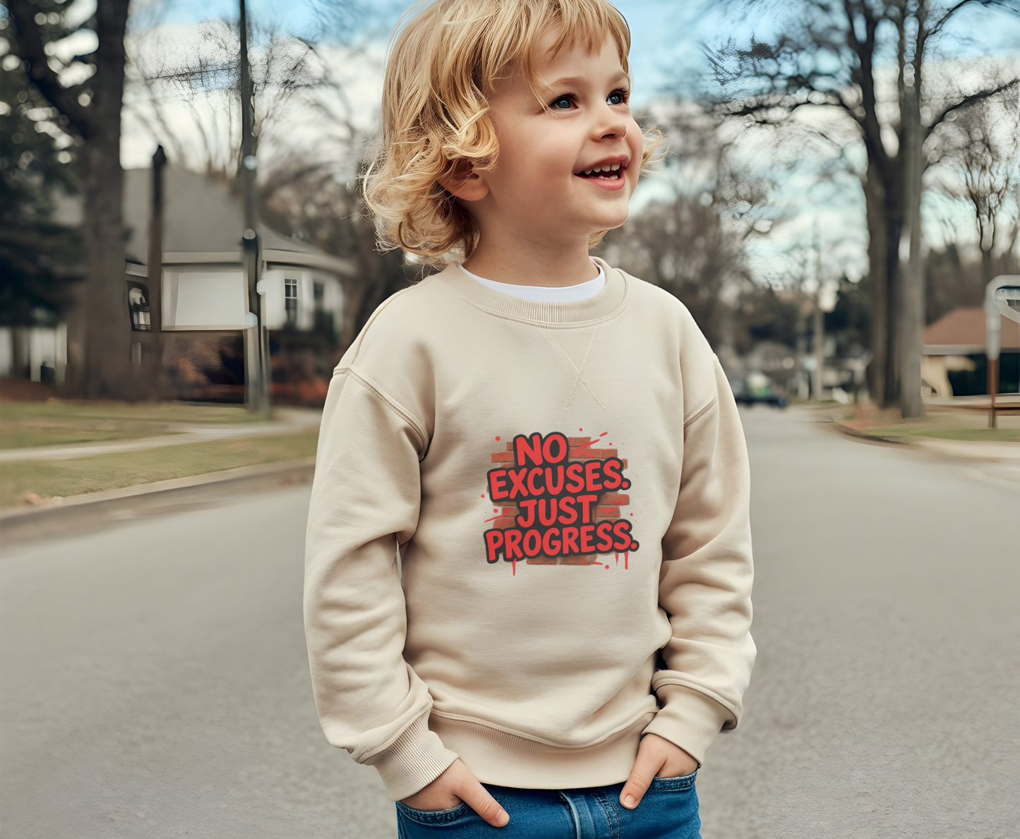 Motivational Crewneck Sweatshirt with 'No Excuses Just Progress'