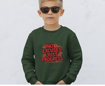 Motivational Crewneck Sweatshirt with 'No Excuses Just Progress'