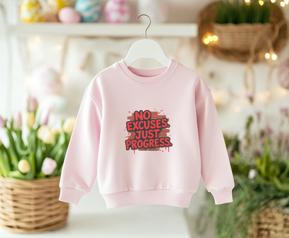 Motivational Crewneck Sweatshirt with 'No Excuses Just Progress'