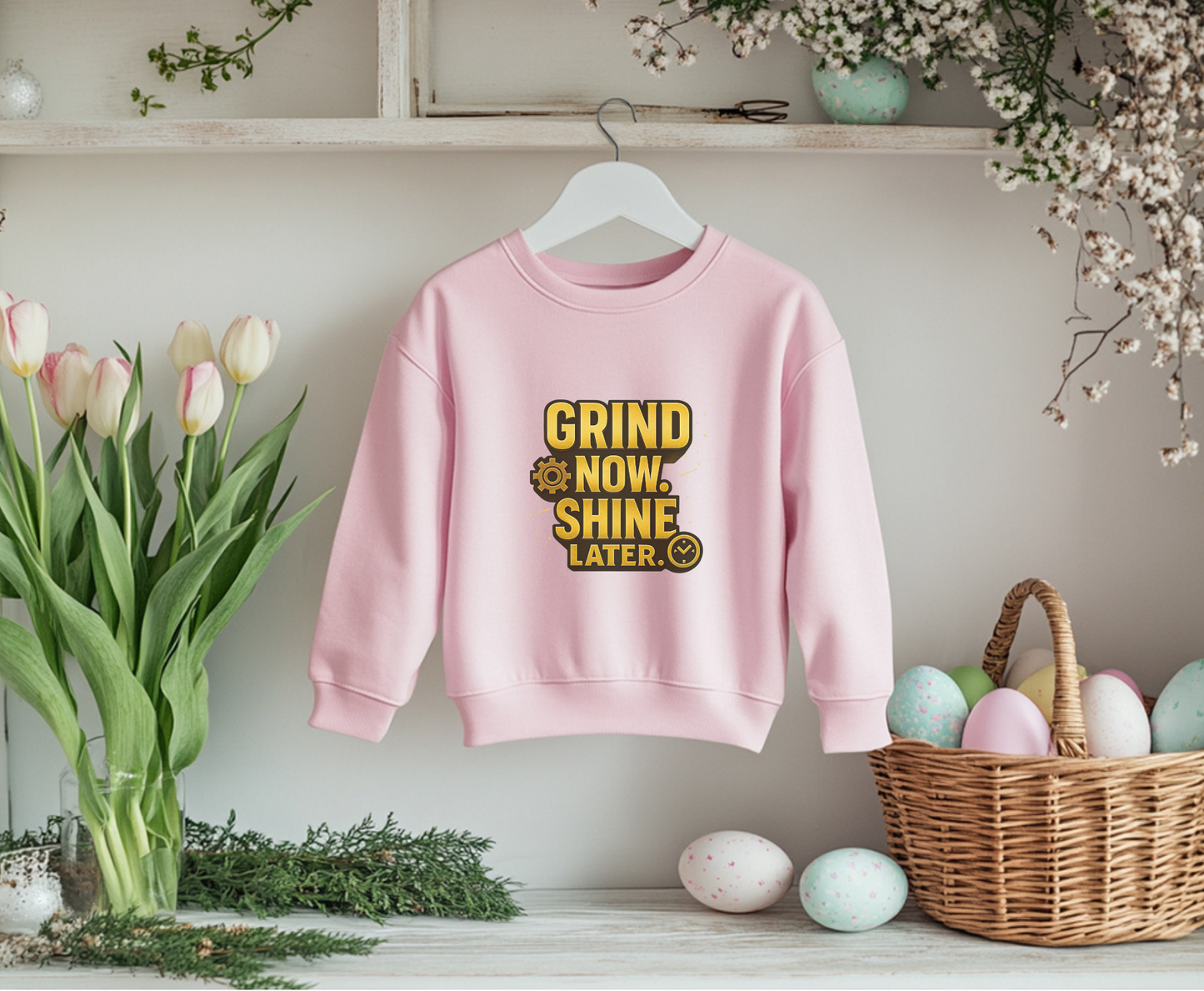 Grind Now Shine Later Eco-Friendly Crewneck Sweatshirt, Motivational Merch, Gift for Hustlers, Cozy Sweatshirt, Positive Vibes Apparel