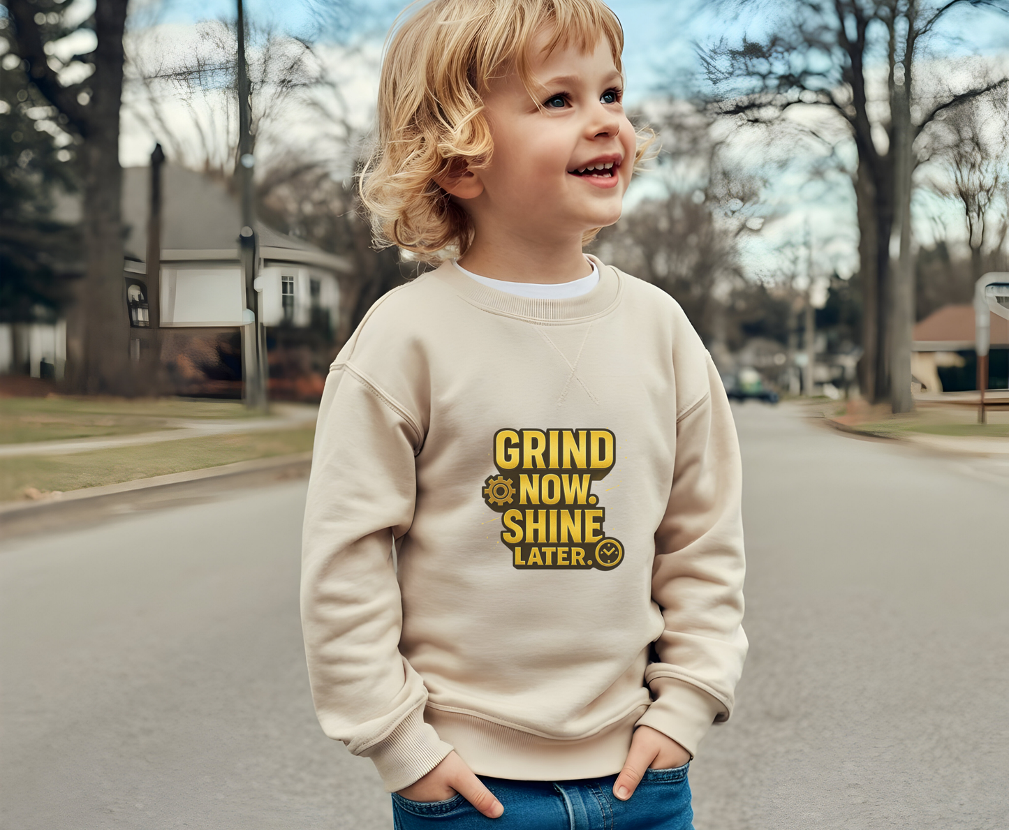 Grind Now Shine Later Eco-Friendly Crewneck Sweatshirt, Motivational Merch, Gift for Hustlers, Cozy Sweatshirt, Positive Vibes Apparel