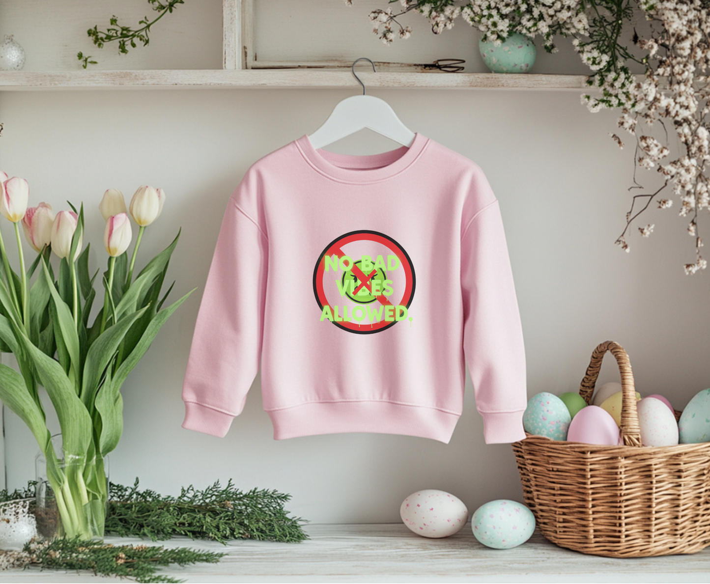 Eco-Friendly Crewneck Sweatshirt - No Bad Vibes Allowed, Relaxed Fit, Casual Wear, Gift for Friends, Vibe Check Fashion
