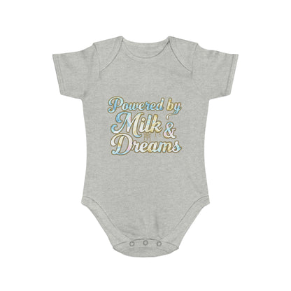 Powered by Milk & Dreams Baby Bodysuit, Cute Infant Outfit, Baby Shower Gift, Newborn Clothing, Cute Baby Gift, Short Sleeve Onesie