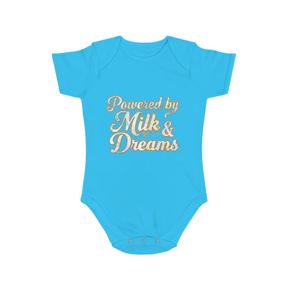 Powered by Milk & Dreams Baby Bodysuit, Cute Infant Outfit, Baby Shower Gift, Newborn Clothing, Cute Baby Gift, Short Sleeve Onesie