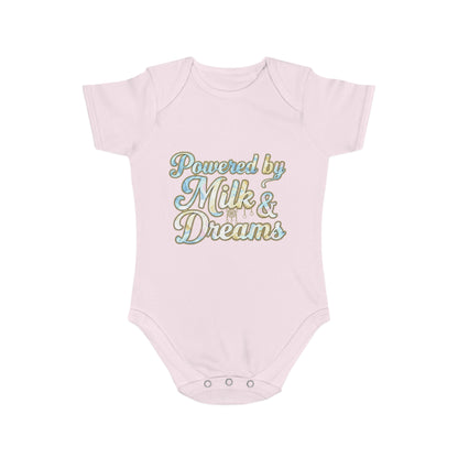 Powered by Milk & Dreams Baby Bodysuit, Cute Infant Outfit, Baby Shower Gift, Newborn Clothing, Cute Baby Gift, Short Sleeve Onesie