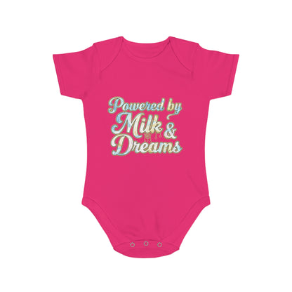 Powered by Milk & Dreams Baby Bodysuit, Cute Infant Outfit, Baby Shower Gift, Newborn Clothing, Cute Baby Gift, Short Sleeve Onesie