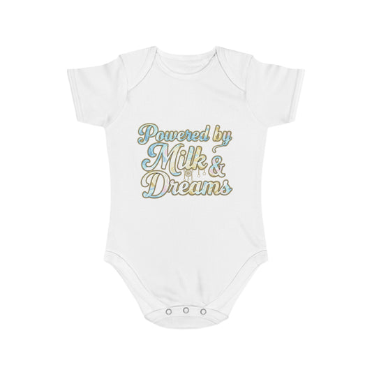 Powered by Milk & Dreams Baby Bodysuit, Cute Infant Outfit, Baby Shower Gift, Newborn Clothing, Cute Baby Gift, Short Sleeve Onesie