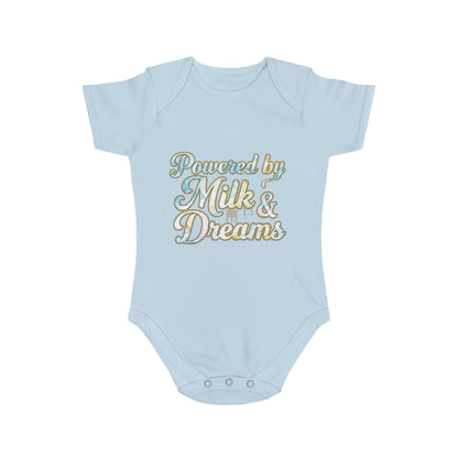 Powered by Milk & Dreams Baby Bodysuit, Cute Infant Outfit, Baby Shower Gift, Newborn Clothing, Cute Baby Gift, Short Sleeve Onesie